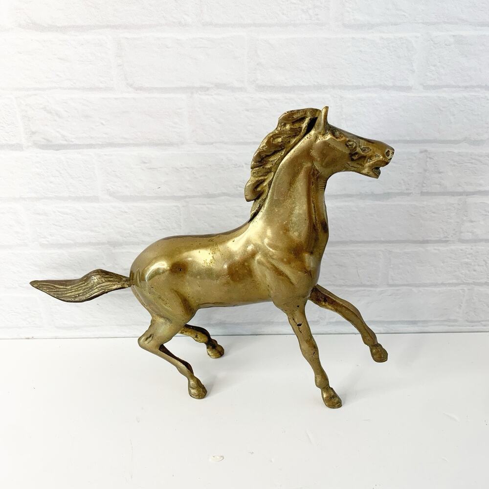 Vtg Solid Brass Rearing Horse Statue Stallion Mare Figure Figurine 8" Equestrian